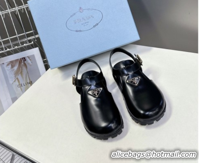Shop Cheap Prada Brushed Leather Open Back Shoes Black 2025 PR042402