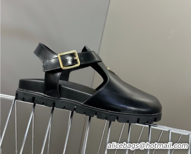 Shop Cheap Prada Brushed Leather Open Back Shoes Black 2025 PR042402