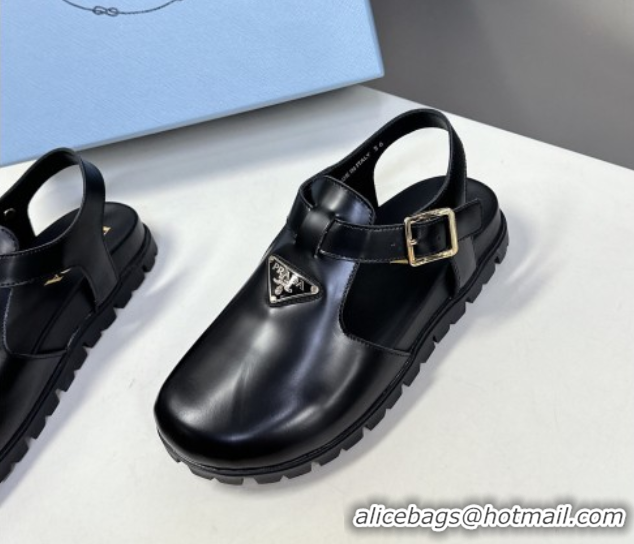 Shop Cheap Prada Brushed Leather Open Back Shoes Black 2025 PR042402