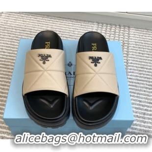 Good Quality Prada Leather Platform Slides Sandal 4.5cm Light Beige 2025 PR042403