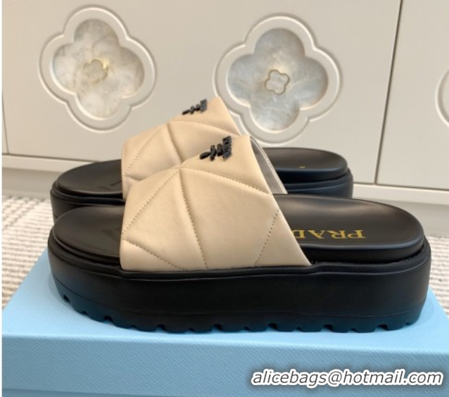 Good Quality Prada Leather Platform Slides Sandal 4.5cm Light Beige 2025 PR042403