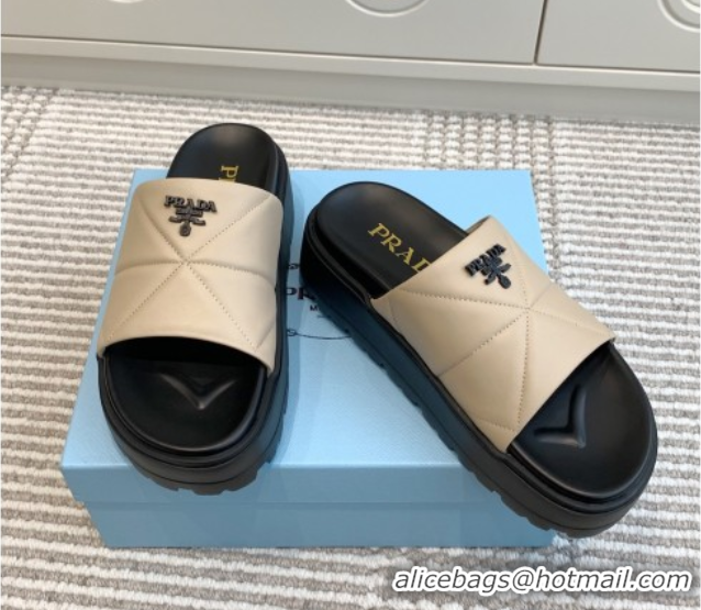 Good Quality Prada Leather Platform Slides Sandal 4.5cm Light Beige 2025 PR042403