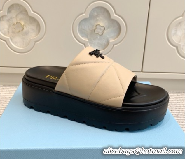 Good Quality Prada Leather Platform Slides Sandal 4.5cm Light Beige 2025 PR042403
