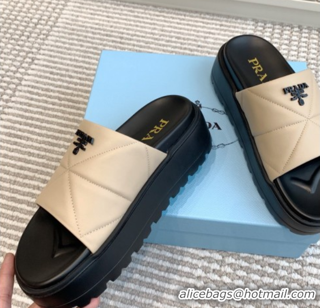 Good Quality Prada Leather Platform Slides Sandal 4.5cm Light Beige 2025 PR042403