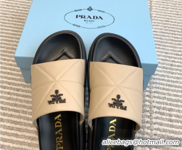 Good Quality Prada Leather Platform Slides Sandal 4.5cm Light Beige 2025 PR042403