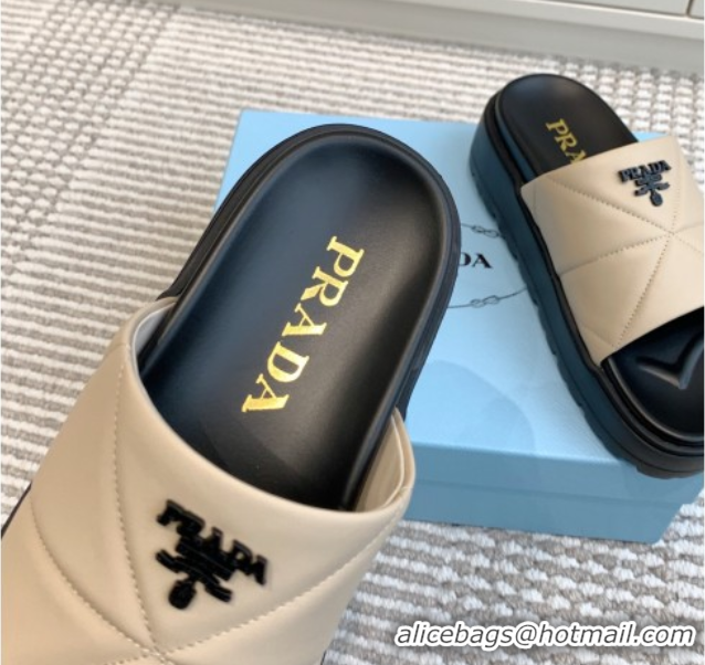 Good Quality Prada Leather Platform Slides Sandal 4.5cm Light Beige 2025 PR042403