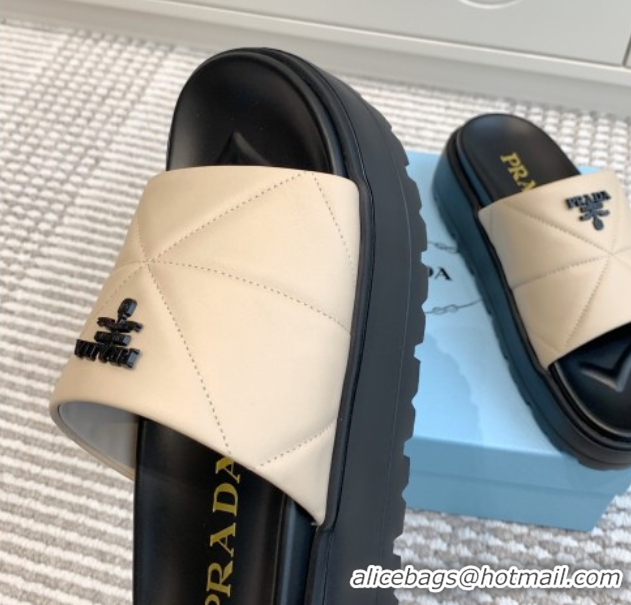 Good Quality Prada Leather Platform Slides Sandal 4.5cm Light Beige 2025 PR042403