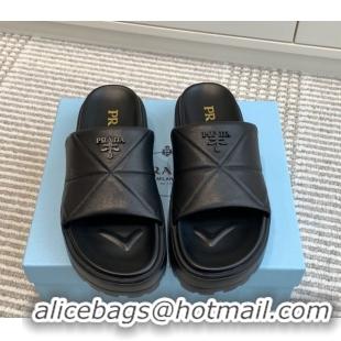 Buy Luxury Prada Leather Platform Slides Sandal 4.5cm Black 2025 PR042403