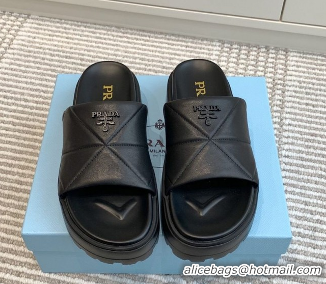 Buy Luxury Prada Leather Platform Slides Sandal 4.5cm Black 2025 PR042403