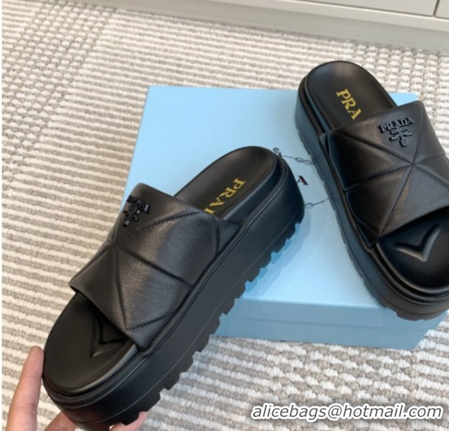 Buy Luxury Prada Leather Platform Slides Sandal 4.5cm Black 2025 PR042403