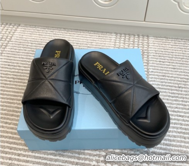 Buy Luxury Prada Leather Platform Slides Sandal 4.5cm Black 2025 PR042403
