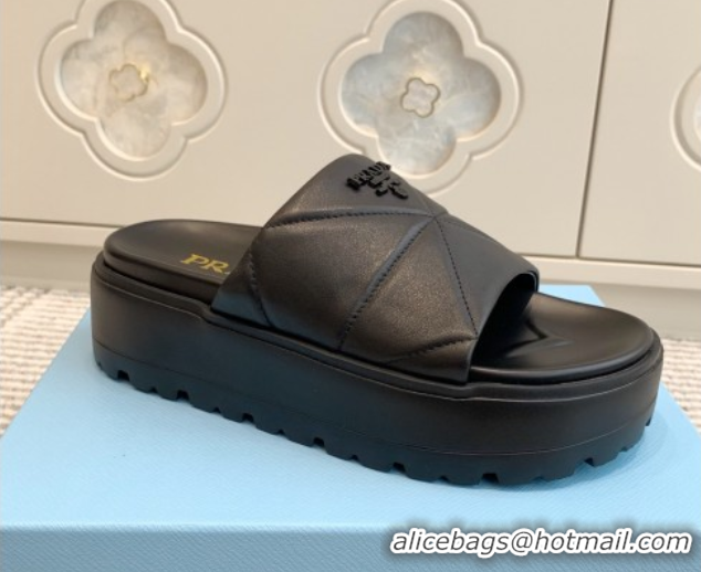 Buy Luxury Prada Leather Platform Slides Sandal 4.5cm Black 2025 PR042403