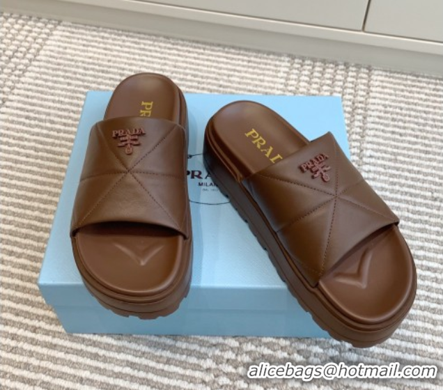 Purchase Prada Leather Platform Slides Sandal 4.5cm Brown 2025 PR042403