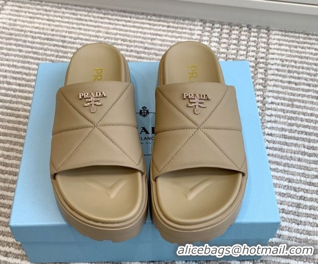 Best Price Prada Leather Platform Slides Sandal 4.5cm Beige2 2025 PR042403