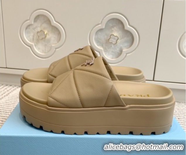 Best Price Prada Leather Platform Slides Sandal 4.5cm Beige2 2025 PR042403
