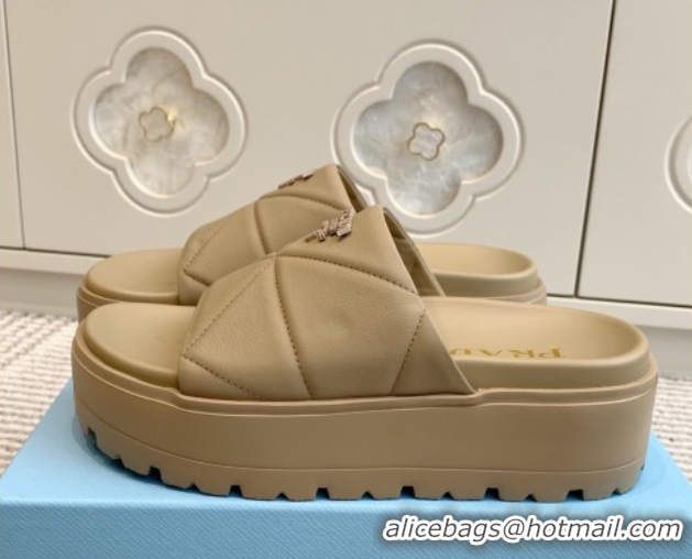 Best Price Prada Leather Platform Slides Sandal 4.5cm Beige2 2025 PR042403