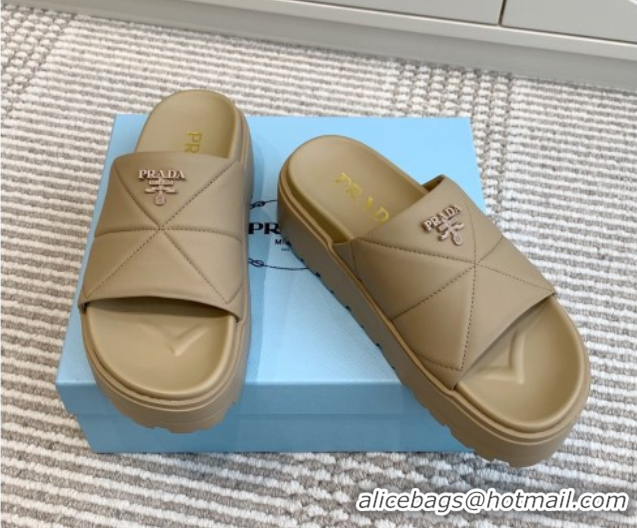 Best Price Prada Leather Platform Slides Sandal 4.5cm Beige2 2025 PR042403