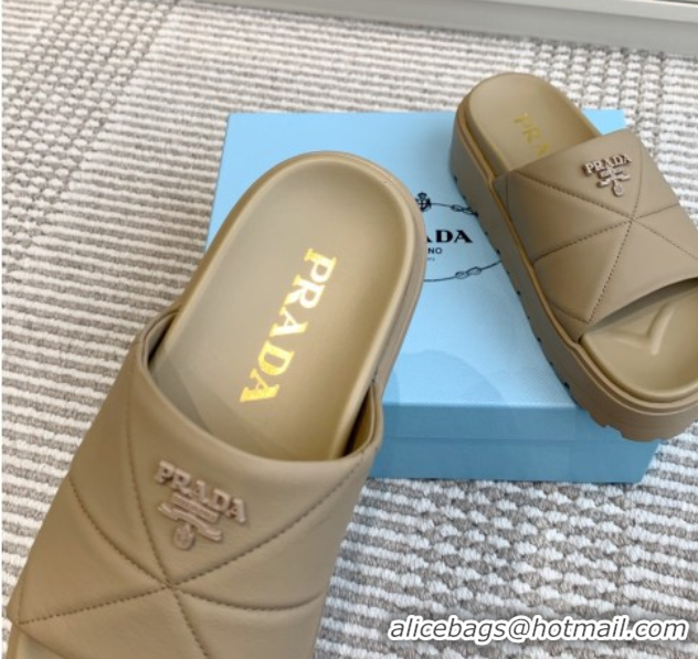 Best Price Prada Leather Platform Slides Sandal 4.5cm Beige2 2025 PR042403