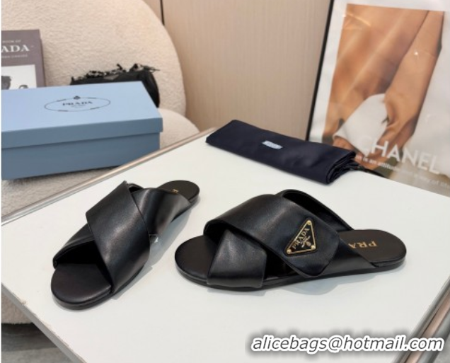 Classic Hot Prada Padded nappa leather slides sandal Black 2025 1XX713