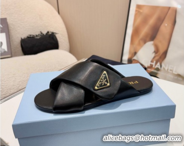 Classic Hot Prada Padded nappa leather slides sandal Black 2025 1XX713