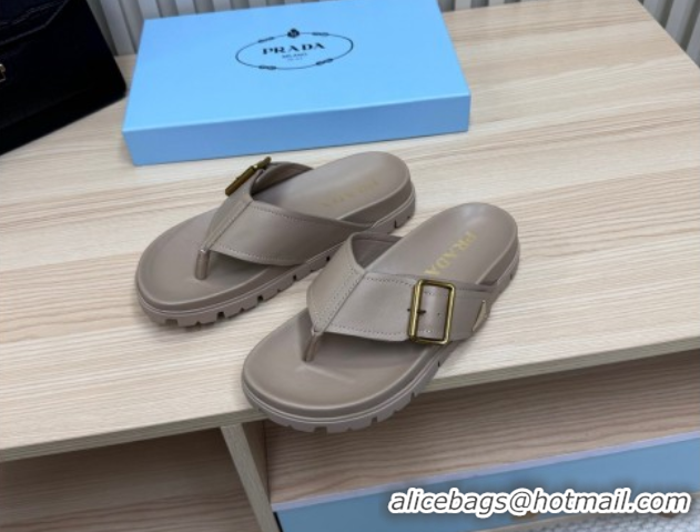 Sumptuous Prada Leather Flat Thong Slide Sandal Grey 2025 PR042404