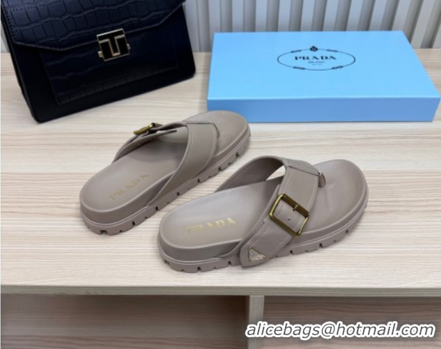 Sumptuous Prada Leather Flat Thong Slide Sandal Grey 2025 PR042404