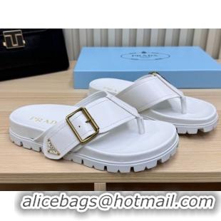 Grade Prada Leather Flat Thong Slide Sandal White 2025 PR042404