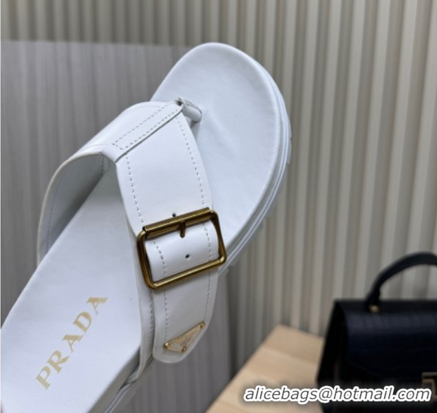 Grade Prada Leather Flat Thong Slide Sandal White 2025 PR042404