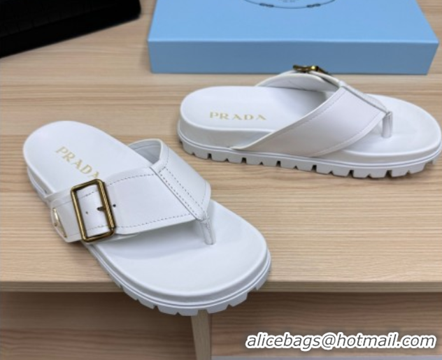 Grade Prada Leather Flat Thong Slide Sandal White 2025 PR042404