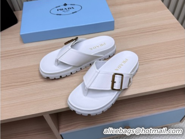 Grade Prada Leather Flat Thong Slide Sandal White 2025 PR042404