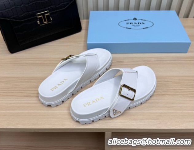 Grade Prada Leather Flat Thong Slide Sandal White 2025 PR042404