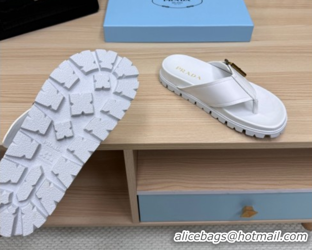 Grade Prada Leather Flat Thong Slide Sandal White 2025 PR042404
