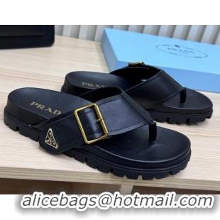 Stylish Prada Leather Flat Thong Slide Sandal Black 2025 PR042404