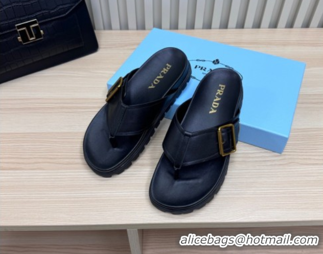 Stylish Prada Leather Flat Thong Slide Sandal Black 2025 PR042404