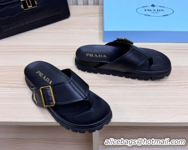 Stylish Prada Leather Flat Thong Slide Sandal Black 2025 PR042404