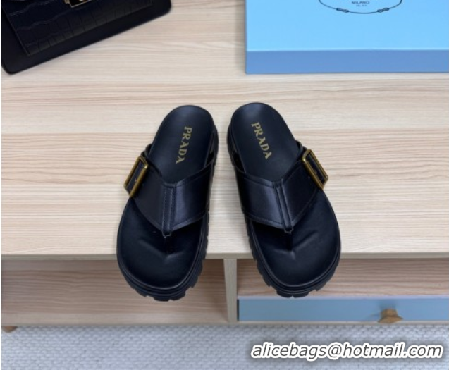 Stylish Prada Leather Flat Thong Slide Sandal Black 2025 PR042404