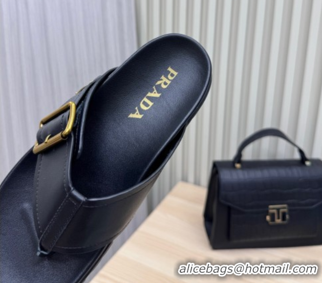 Stylish Prada Leather Flat Thong Slide Sandal Black 2025 PR042404