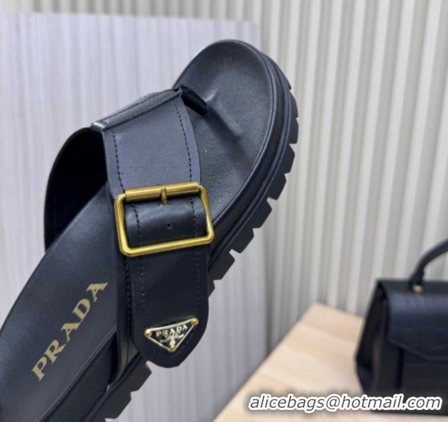 Stylish Prada Leather Flat Thong Slide Sandal Black 2025 PR042404