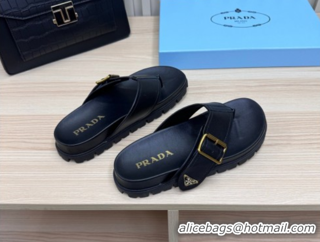 Stylish Prada Leather Flat Thong Slide Sandal Black 2025 PR042404