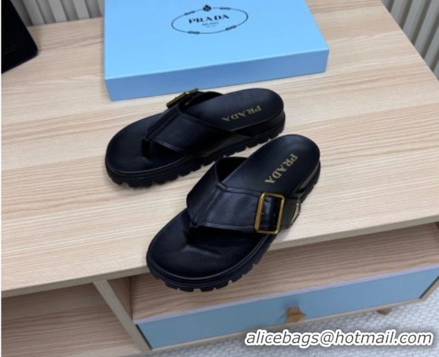 Stylish Prada Leather Flat Thong Slide Sandal Black 2025 PR042404