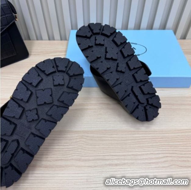 Stylish Prada Leather Flat Thong Slide Sandal Black 2025 PR042404