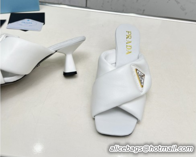 Luxury Cheap Prada Padded nappa leather heel slides sandal 6cm White 2025 1XX754