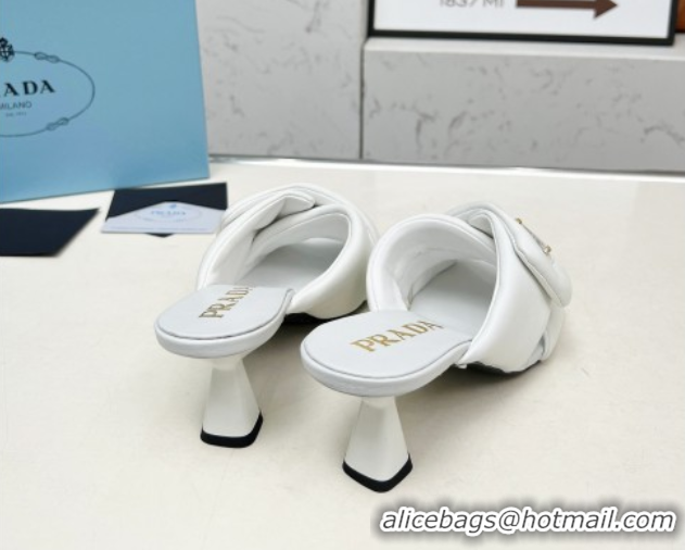 Luxury Cheap Prada Padded nappa leather heel slides sandal 6cm White 2025 1XX754