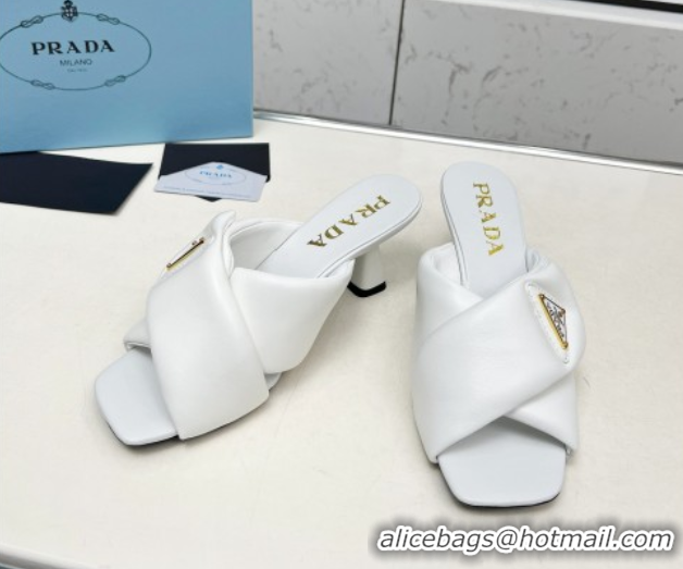 Luxury Cheap Prada Padded nappa leather heel slides sandal 6cm White 2025 1XX754
