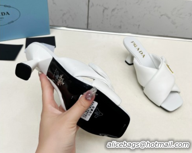 Luxury Cheap Prada Padded nappa leather heel slides sandal 6cm White 2025 1XX754