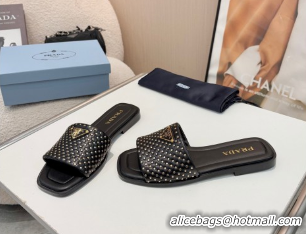 Charming Prada Nappa leather flat slides sandal with studs Black 2025 1XX760
