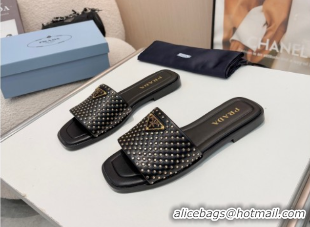 Charming Prada Nappa leather flat slides sandal with studs Black 2025 1XX760