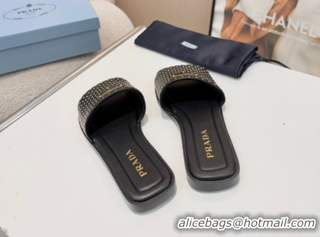 Charming Prada Nappa leather flat slides sandal with studs Black 2025 1XX760
