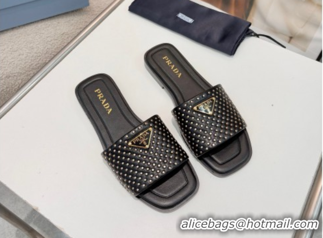 Charming Prada Nappa leather flat slides sandal with studs Black 2025 1XX760