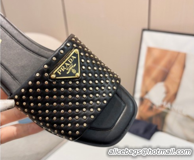 Charming Prada Nappa leather flat slides sandal with studs Black 2025 1XX760